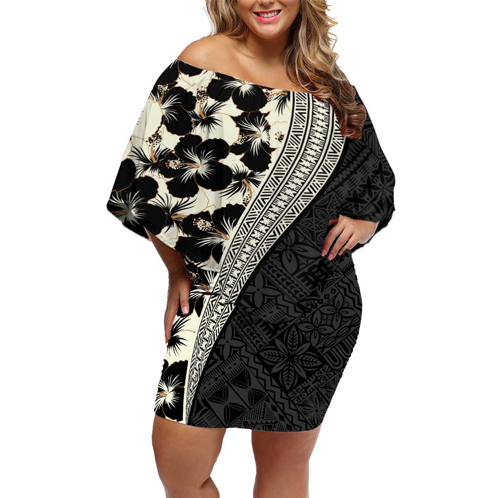 Bula Hibiscus Festival Off Shoulder Short Dress Tapa Pattern Half Style LT03 Women Beige - Polynesian Pride
