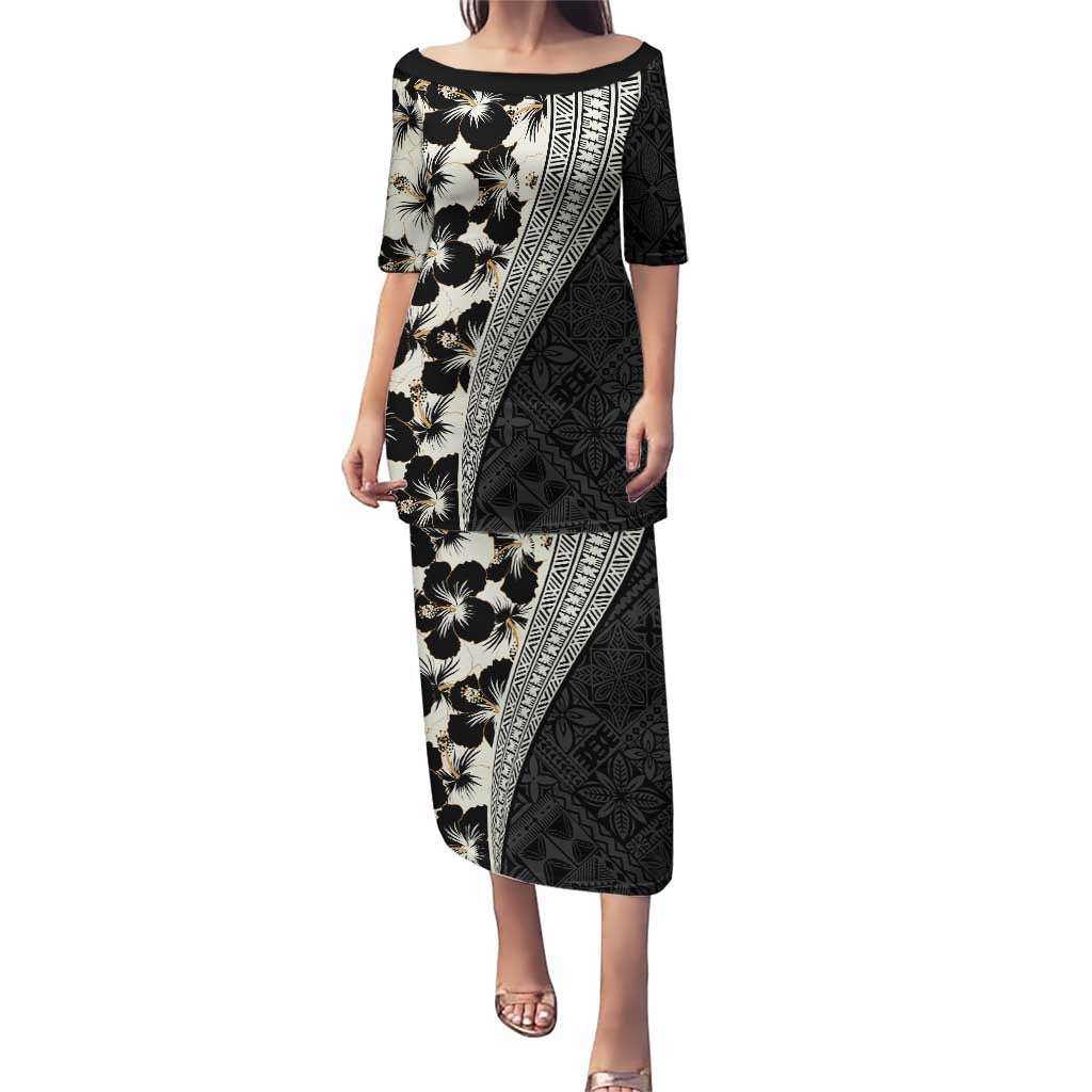 Bula Hibiscus Festival Puletasi Tapa Pattern Half Style LT03 Long Dress Beige - Polynesian Pride