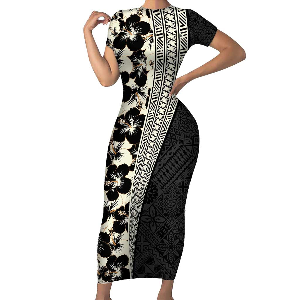 Bula Hibiscus Festival Short Sleeve Bodycon Dress Tapa Pattern Half Style