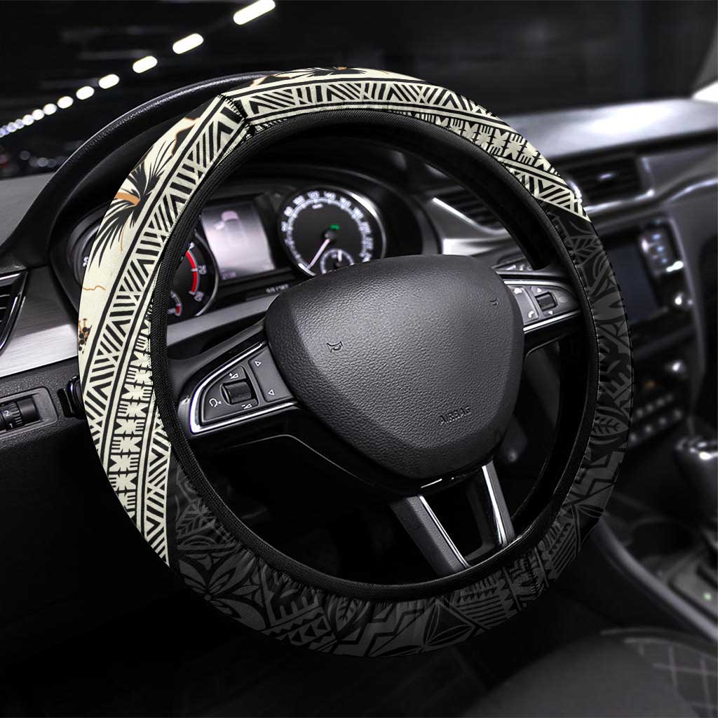 Bula Hibiscus Festival Steering Wheel Cover Tapa Pattern Half Style LT03 Universal Fit Beige - Polynesian Pride