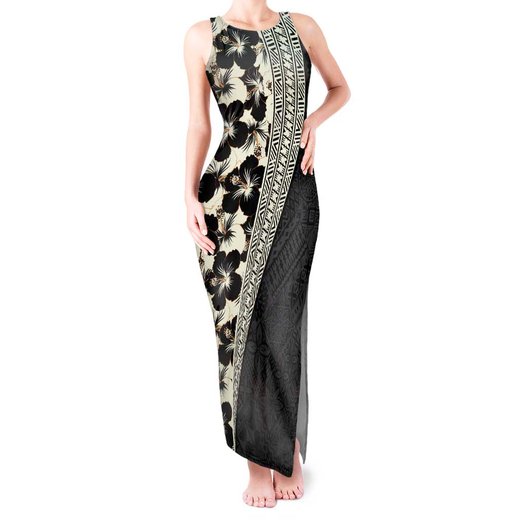 Bula Hibiscus Festival Tank Maxi Dress Tapa Pattern Half Style LT03 Women Beige - Polynesian Pride