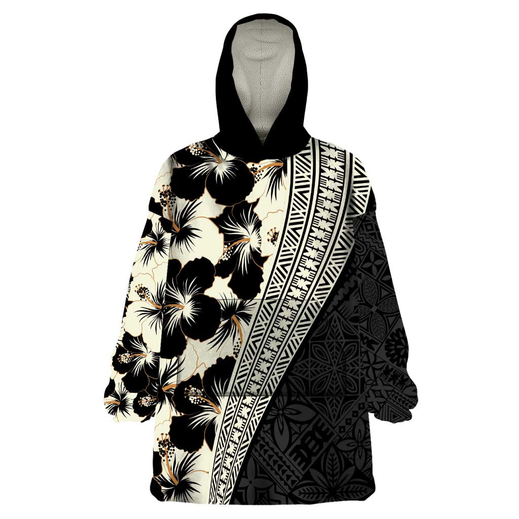 Bula Hibiscus Festival Wearable Blanket Hoodie Tapa Pattern Half Style LT03 One Size Beige - Polynesian Pride