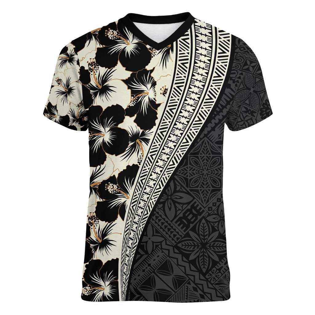 Bula Hibiscus Festival Women V-Neck T-Shirt Tapa Pattern Half Style