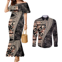 Bula Hibiscus Festival Couples Matching Mermaid Dress and Long Sleeve Button Shirt Fijian Masi Pattern Half Style