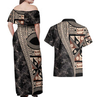 Bula Hibiscus Festival Couples Matching Off Shoulder Maxi Dress and Hawaiian Shirt Fijian Masi Pattern Half Style