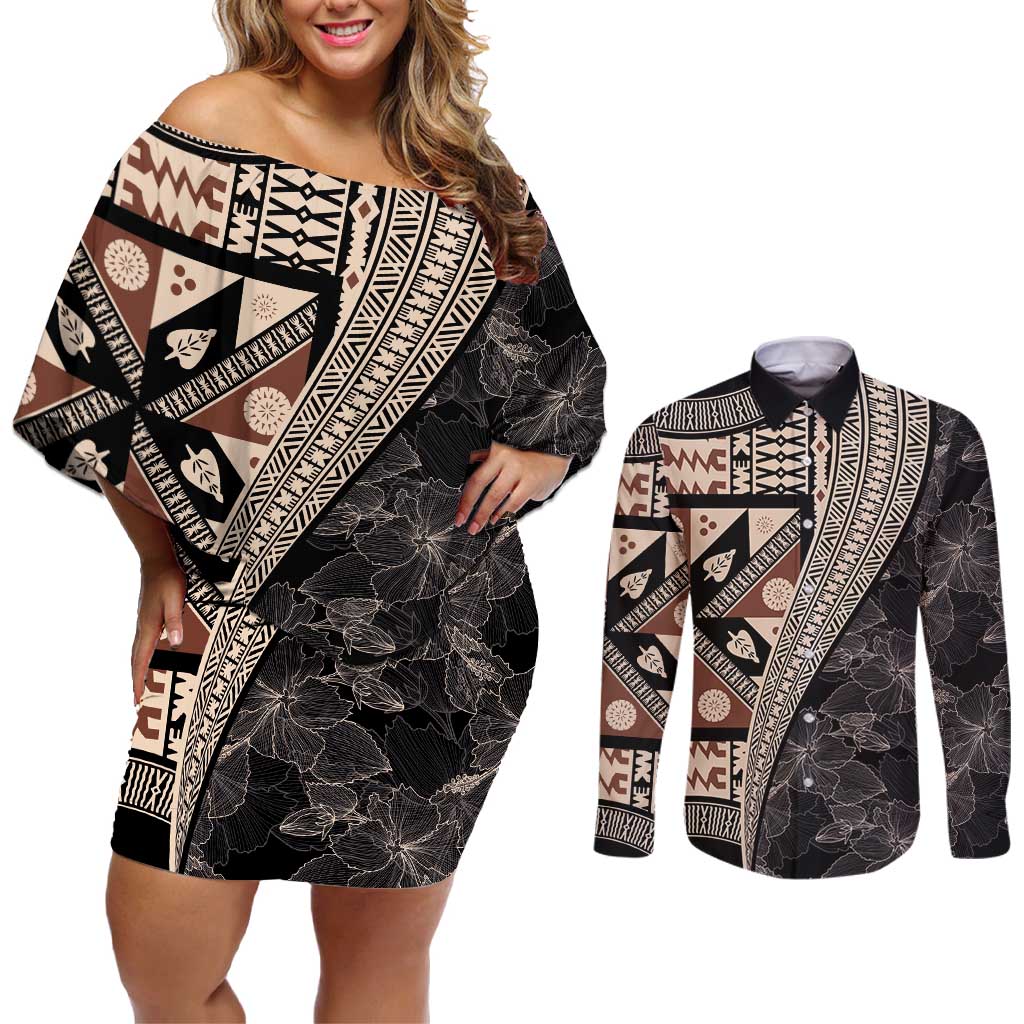 Bula Hibiscus Festival Couples Matching Off Shoulder Short Dress and Long Sleeve Button Shirt Fijian Masi Pattern Half Style