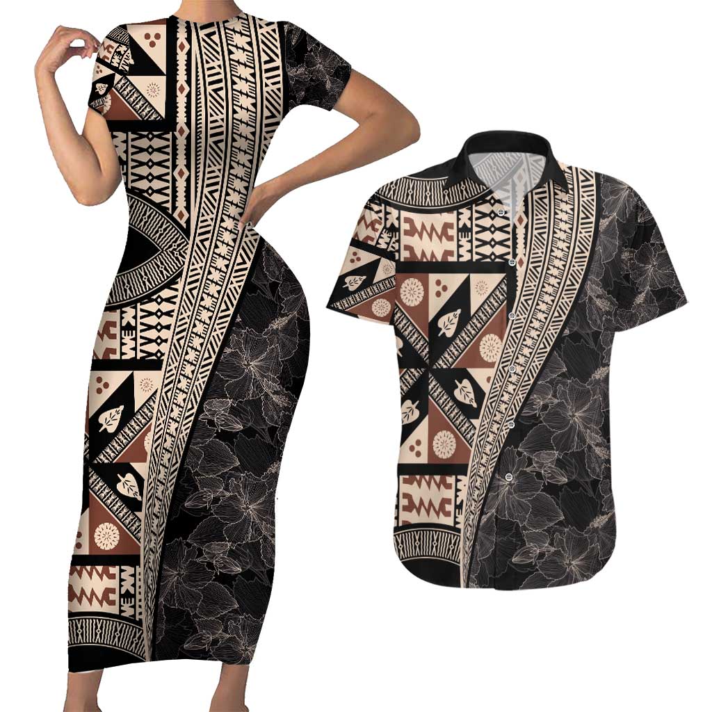 Bula Hibiscus Festival Couples Matching Short Sleeve Bodycon Dress and Hawaiian Shirt Fijian Masi Pattern Half Style