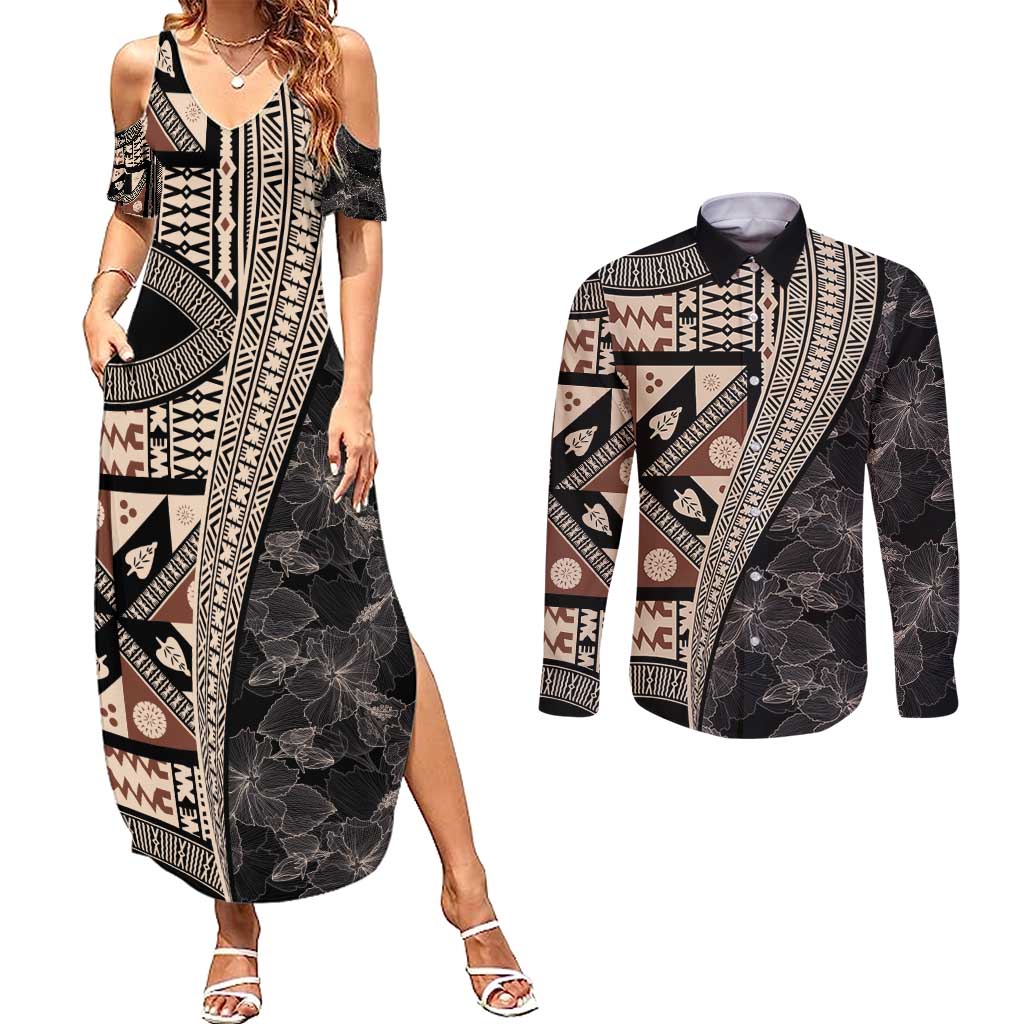 Bula Hibiscus Festival Couples Matching Summer Maxi Dress and Long Sleeve Button Shirt Fijian Masi Pattern Half Style
