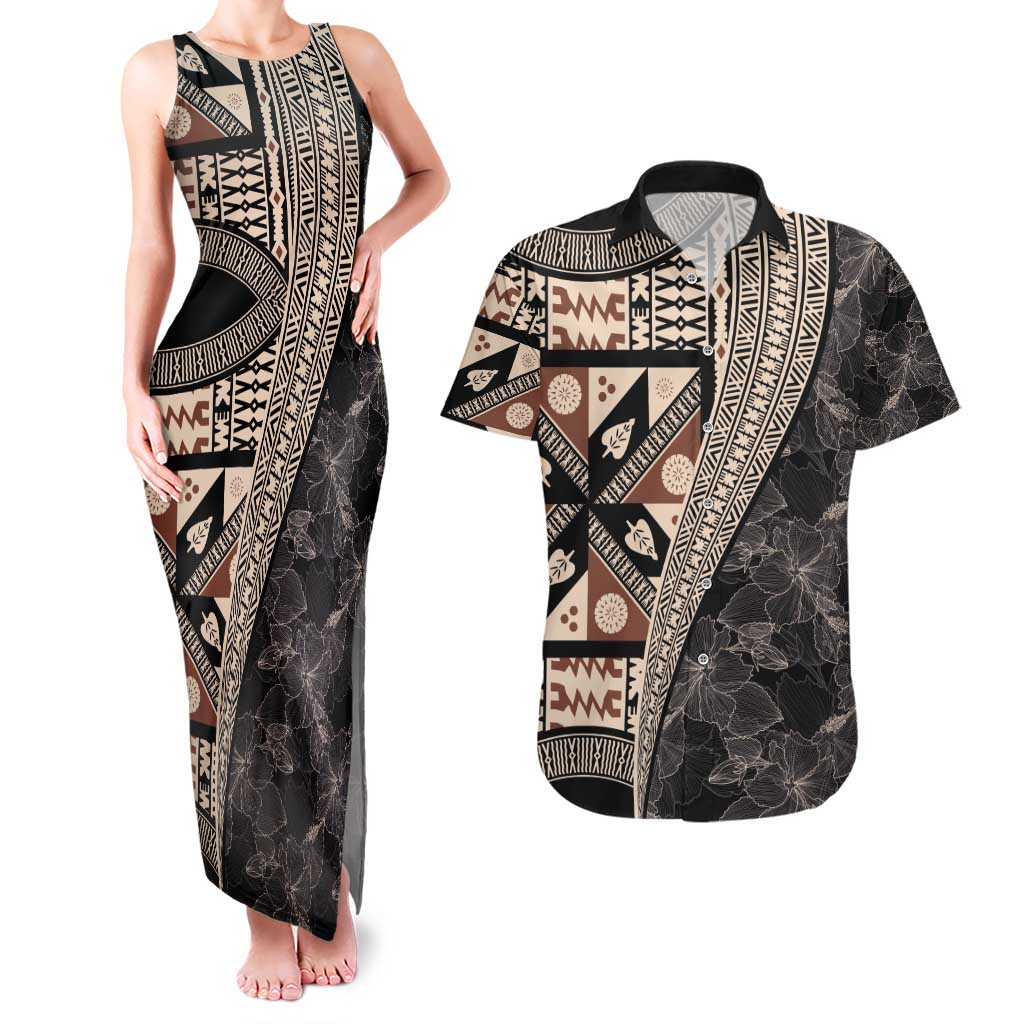 Bula Hibiscus Festival Couples Matching Tank Maxi Dress and Hawaiian Shirt Fijian Masi Pattern Half Style