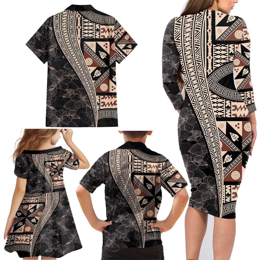 Bula Hibiscus Festival Family Matching Long Sleeve Bodycon Dress and Hawaiian Shirt Fijian Masi Pattern Half Style