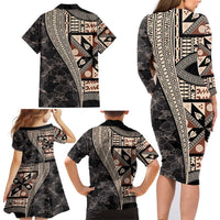 Bula Hibiscus Festival Family Matching Long Sleeve Bodycon Dress and Hawaiian Shirt Fijian Masi Pattern Half Style