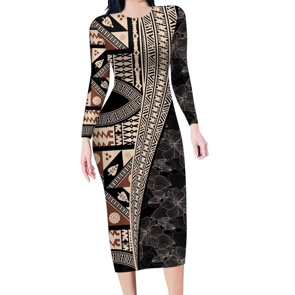 Bula Hibiscus Festival Family Matching Long Sleeve Bodycon Dress and Hawaiian Shirt Fijian Masi Pattern Half Style