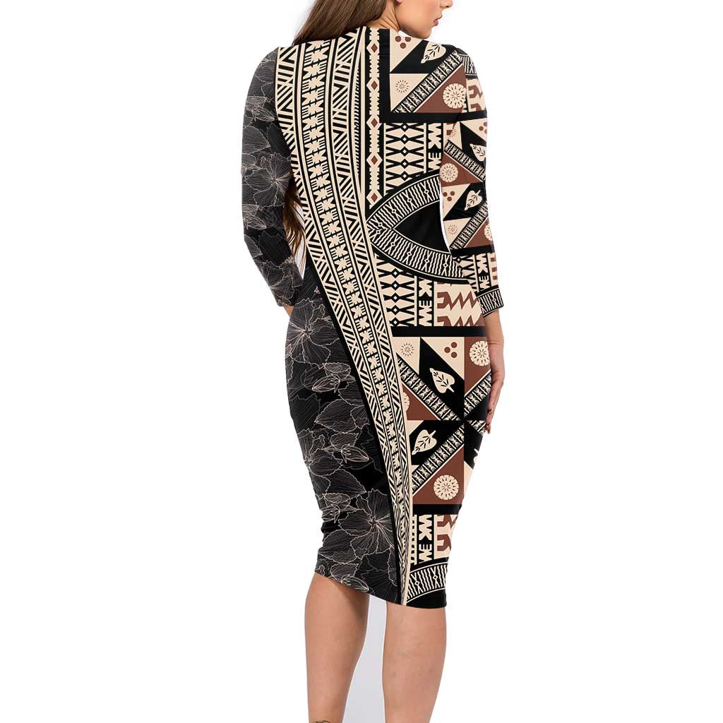 Bula Hibiscus Festival Family Matching Long Sleeve Bodycon Dress and Hawaiian Shirt Fijian Masi Pattern Half Style