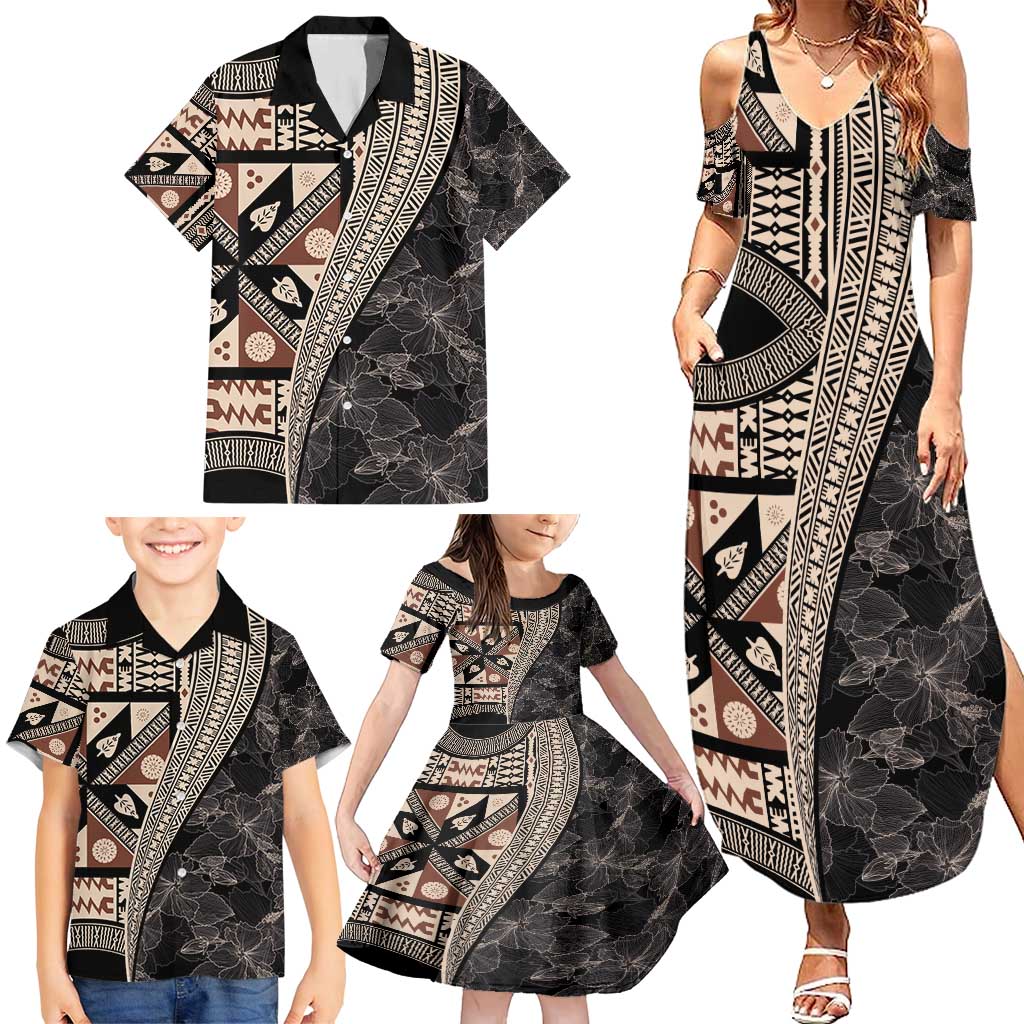 Bula Hibiscus Festival Family Matching Summer Maxi Dress and Hawaiian Shirt Fijian Masi Pattern Half Style