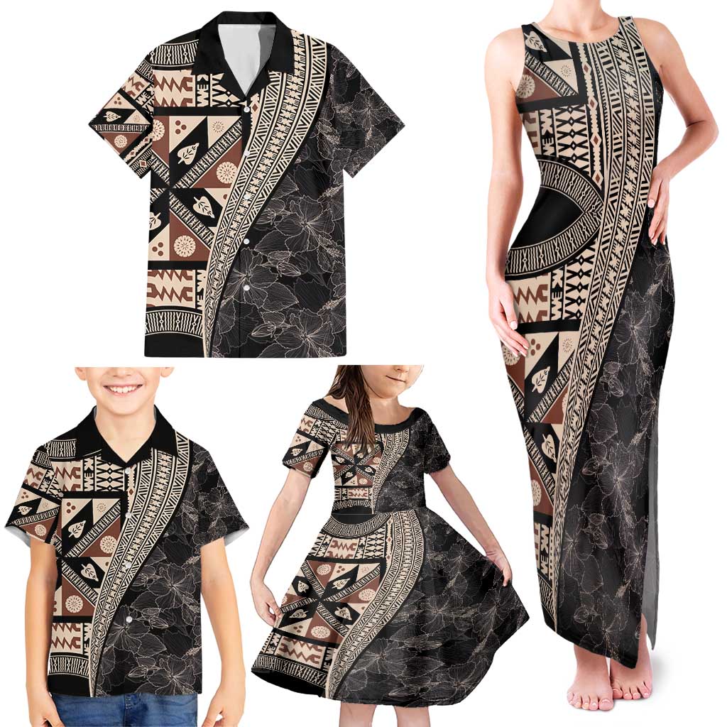 Bula Hibiscus Festival Family Matching Tank Maxi Dress and Hawaiian Shirt Fijian Masi Pattern Half Style