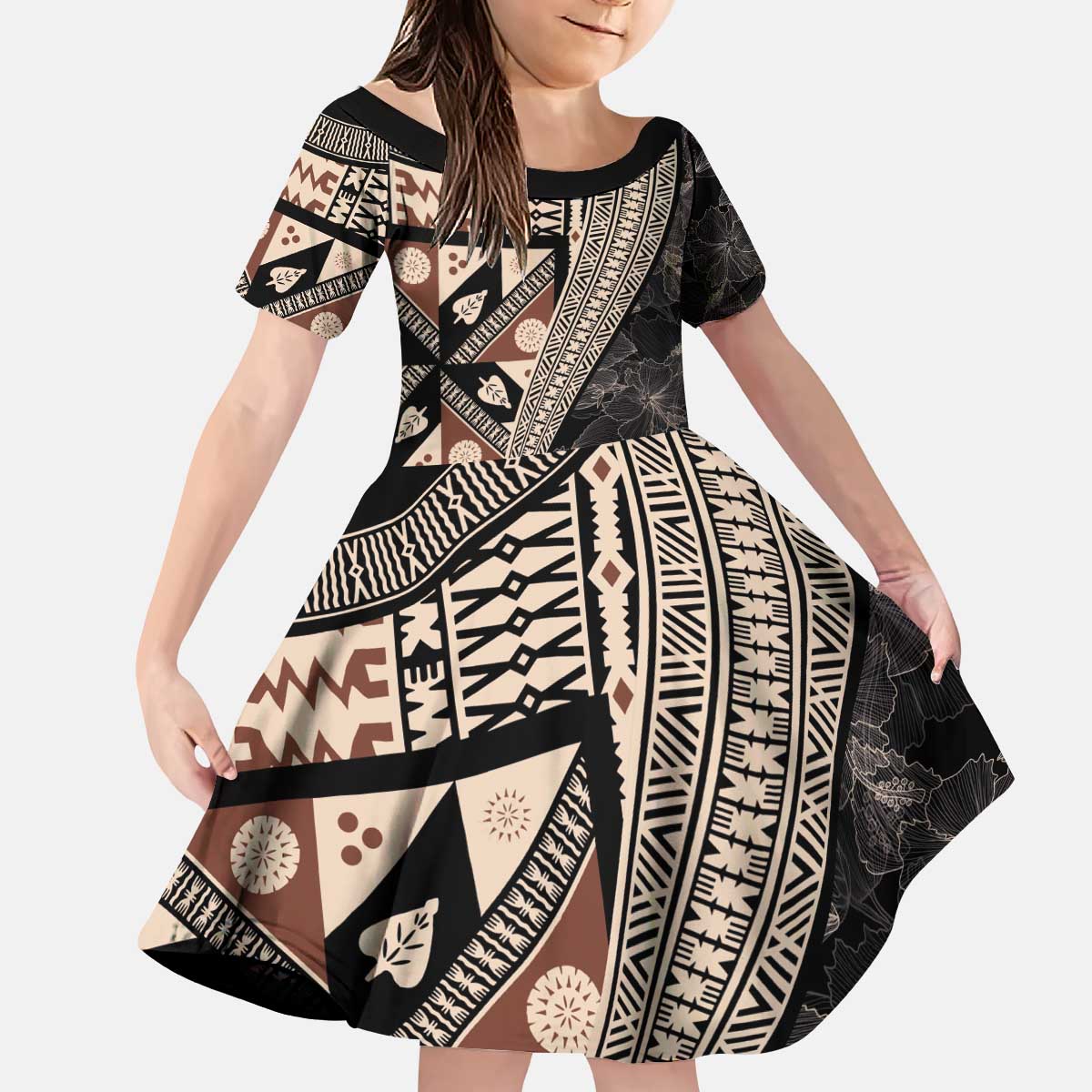 Bula Hibiscus Festival Kid Short Sleeve Dress Fijian Masi Pattern Half Style