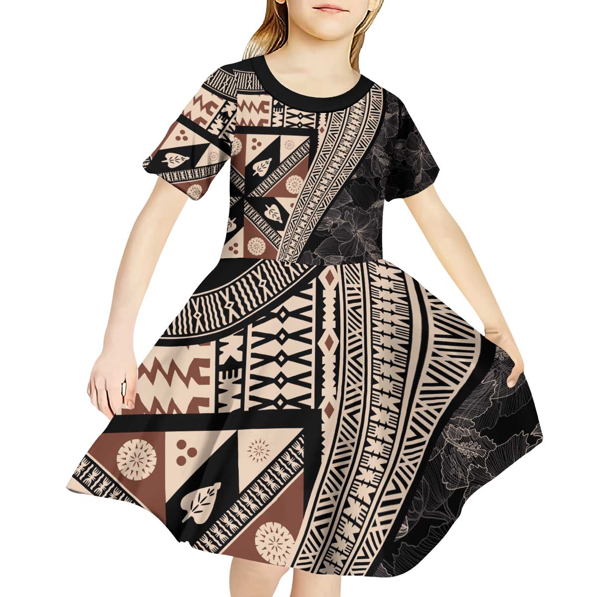 Bula Hibiscus Festival Kid Short Sleeve Dress Fijian Masi Pattern Half Style