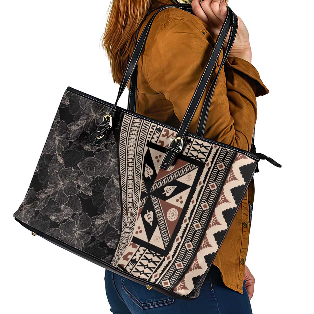 Bula Hibiscus Festival Leather Tote Bag Fijian Masi Pattern Half Style
