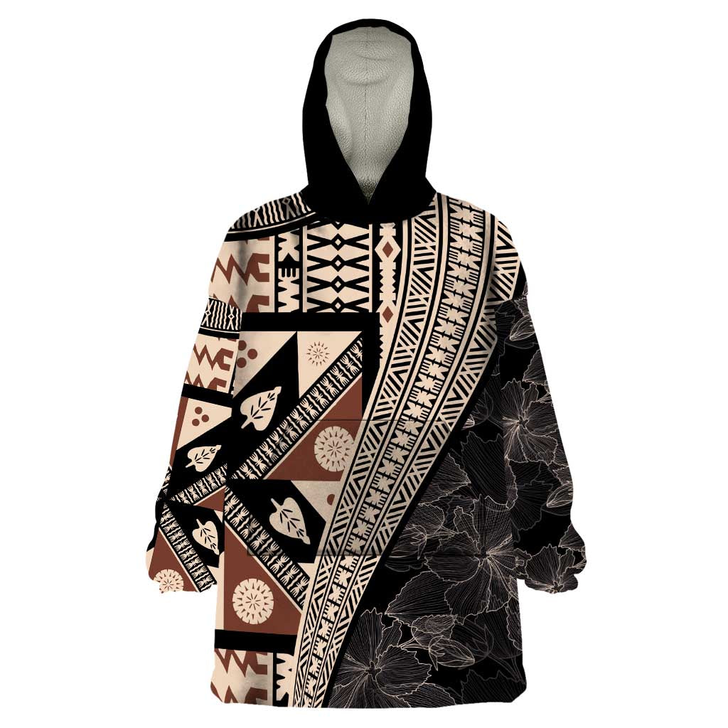 Bula Hibiscus Festival Wearable Blanket Hoodie Fijian Masi Pattern Half Style