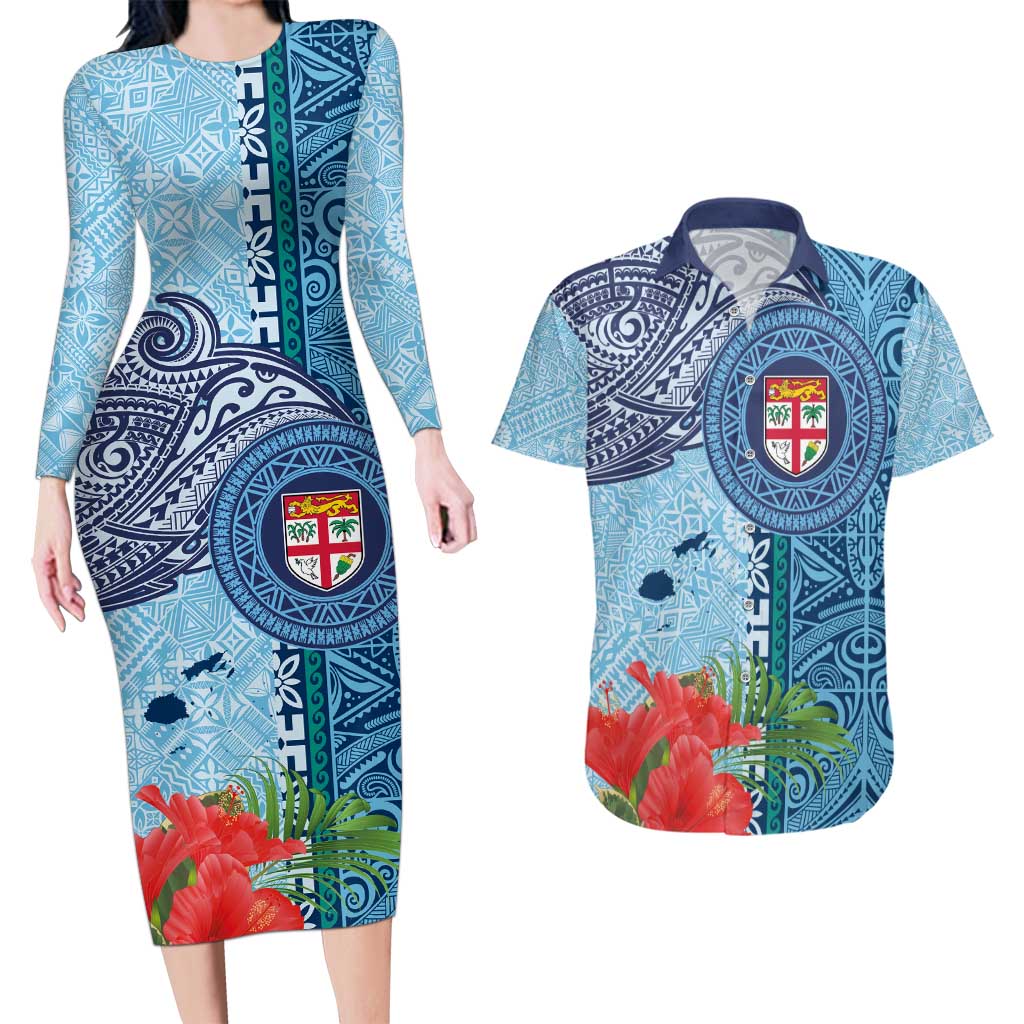 Fiji Day Couples Matching Long Sleeve Bodycon Dress and Hawaiian Shirt Tapa Pattern and Hibiscus Flower