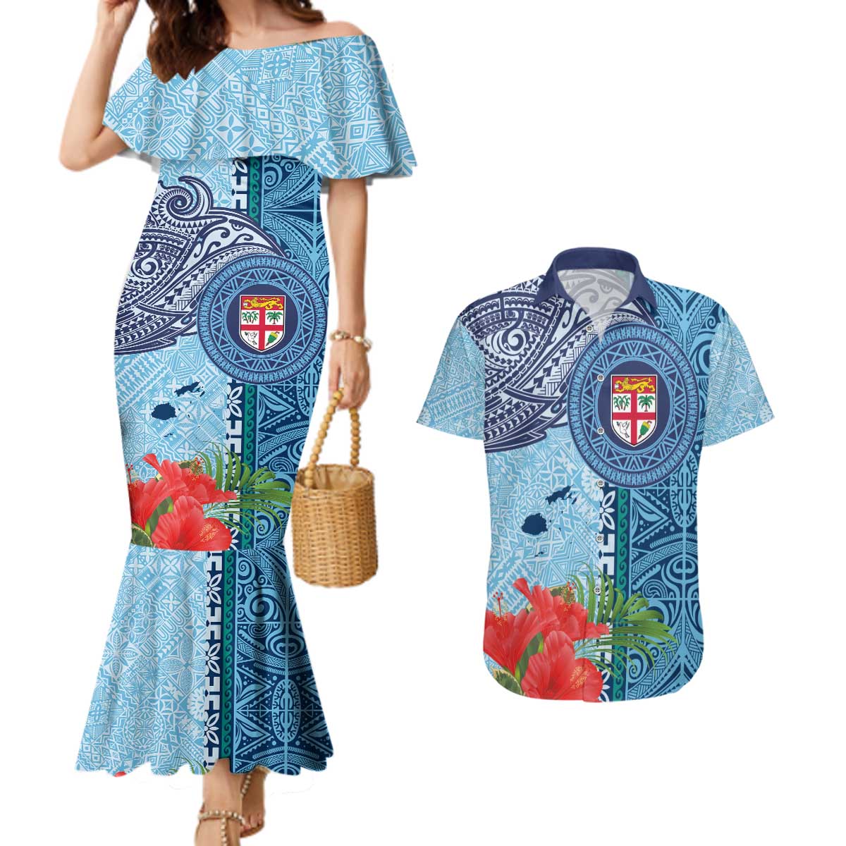 Fiji Day Couples Matching Mermaid Dress and Hawaiian Shirt Tapa Pattern and Hibiscus Flower