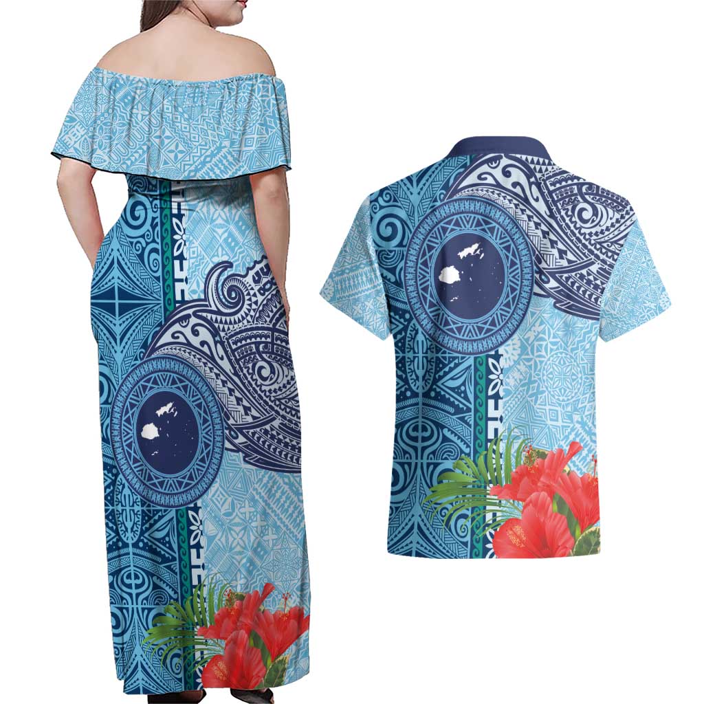 Fiji Day Couples Matching Off Shoulder Maxi Dress and Hawaiian Shirt Tapa Pattern and Hibiscus Flower