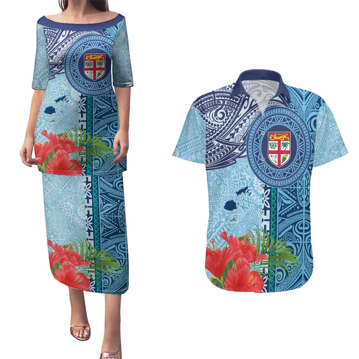 Fiji Day Couples Matching Puletasi and Hawaiian Shirt Tapa Pattern and Hibiscus Flower