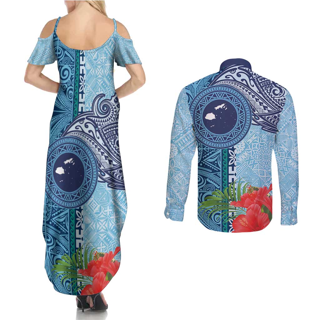 Fiji Day Couples Matching Summer Maxi Dress and Long Sleeve Button Shirt Tapa Pattern and Hibiscus Flower