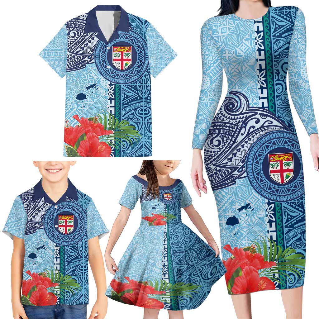 Fiji Day Family Matching Long Sleeve Bodycon Dress and Hawaiian Shirt Tapa Pattern and Hibiscus Flower