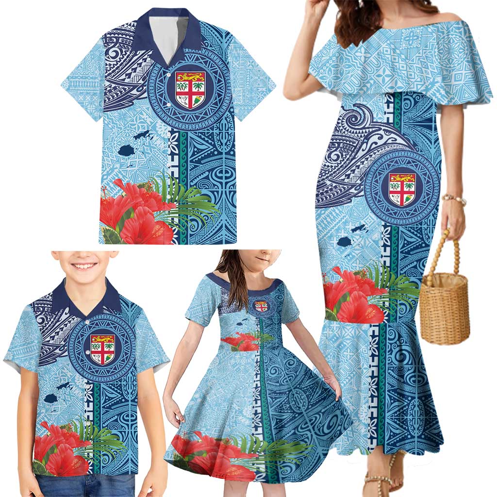 Fiji Day Family Matching Mermaid Dress and Hawaiian Shirt Tapa Pattern and Hibiscus Flower