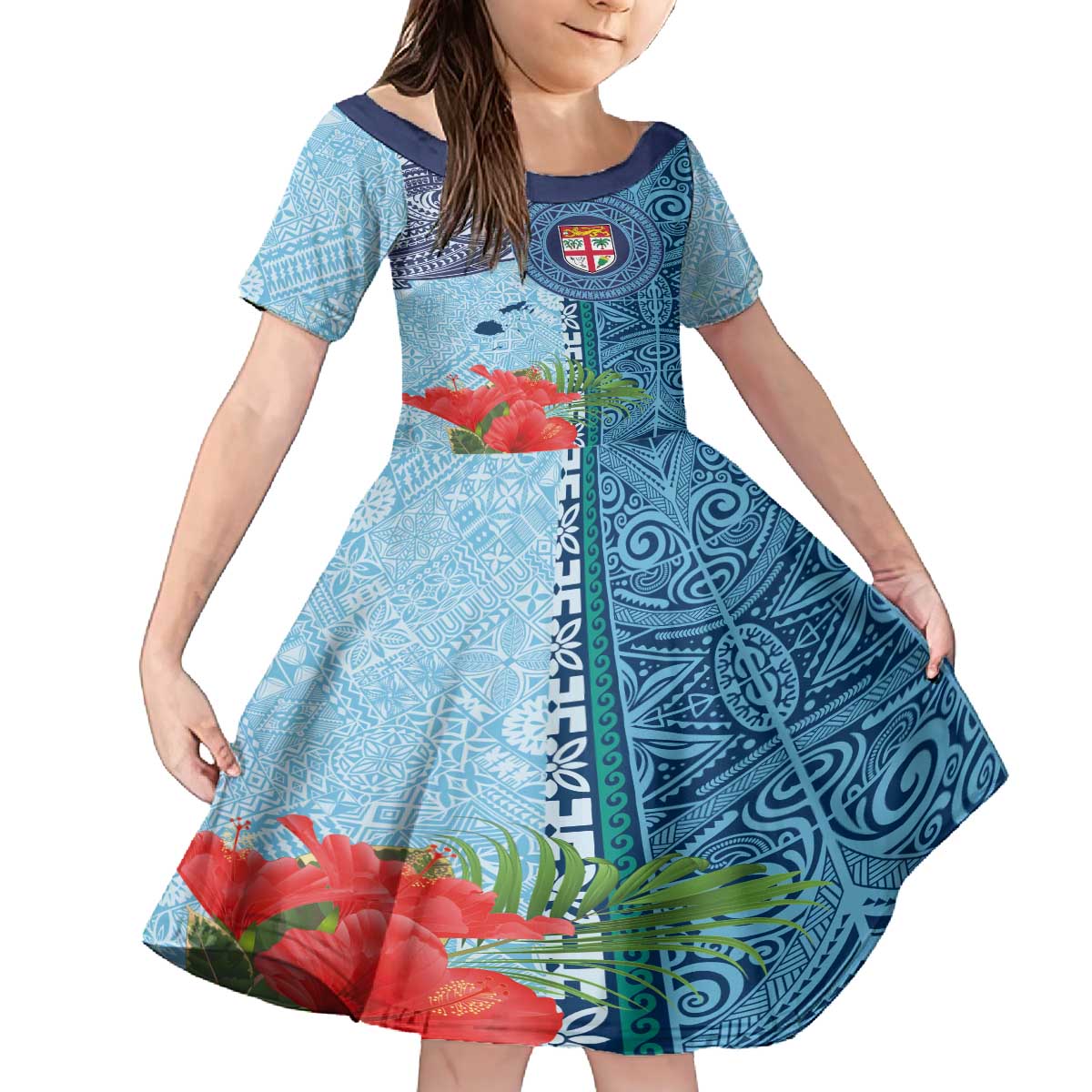 Fiji Day Family Matching Off The Shoulder Long Sleeve Dress and Hawaiian Shirt Tapa Pattern and Hibiscus Flower