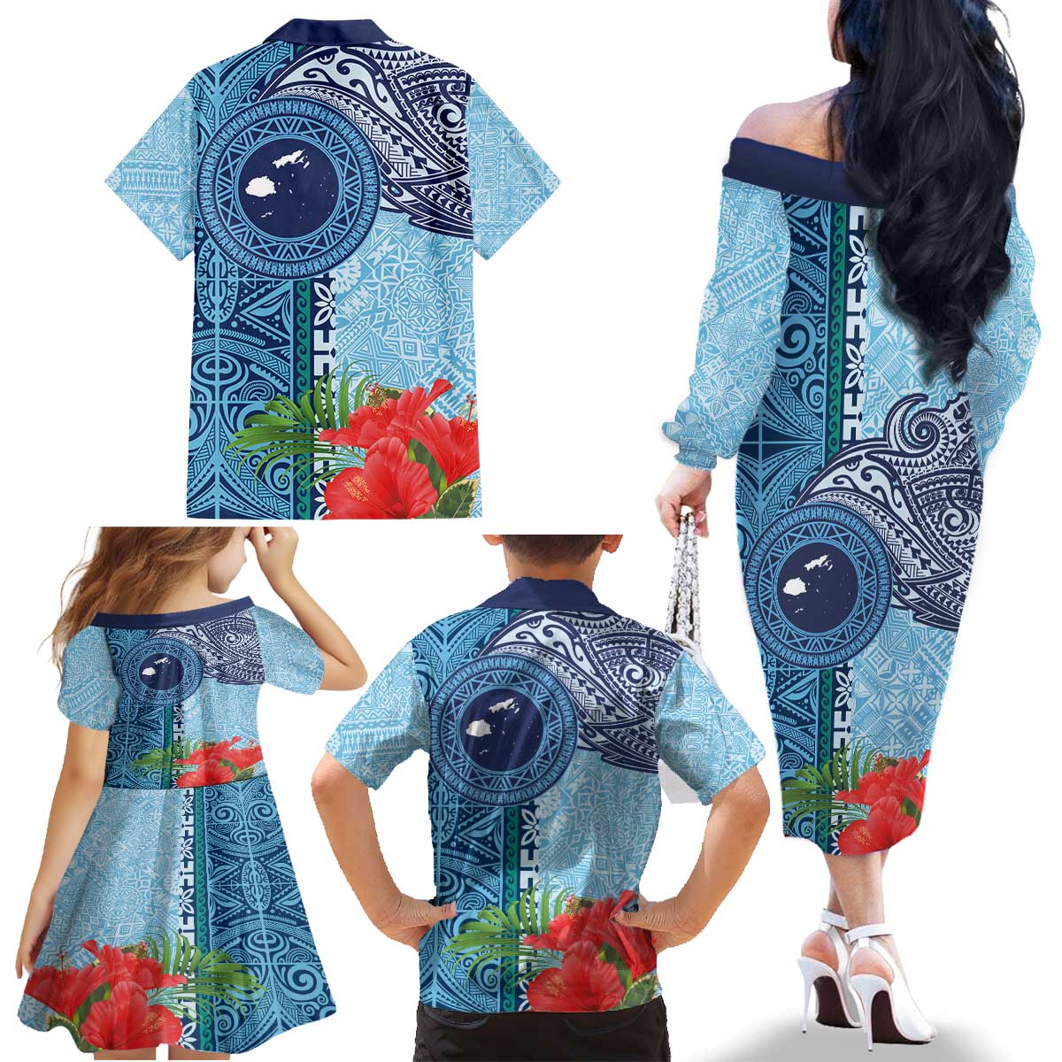 Fiji Day Family Matching Off The Shoulder Long Sleeve Dress and Hawaiian Shirt Tapa Pattern and Hibiscus Flower