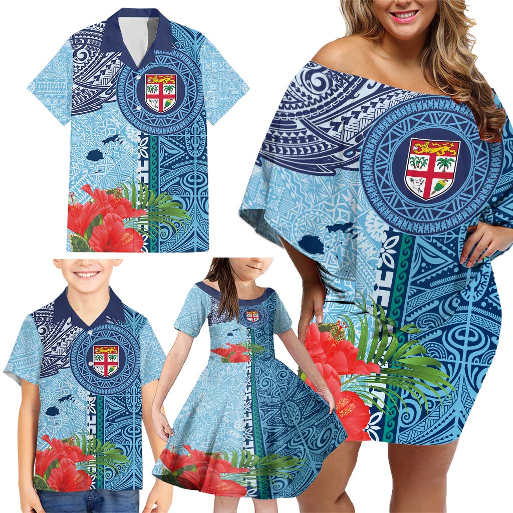 Fiji Day Family Matching Off Shoulder Short Dress and Hawaiian Shirt Tapa Pattern and Hibiscus Flower