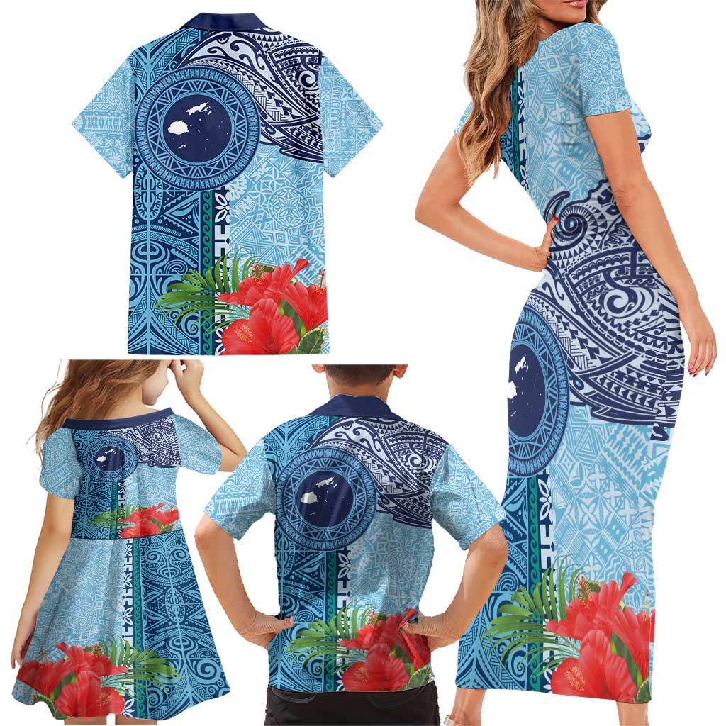 Fiji Day Family Matching Short Sleeve Bodycon Dress and Hawaiian Shirt Tapa Pattern and Hibiscus Flower
