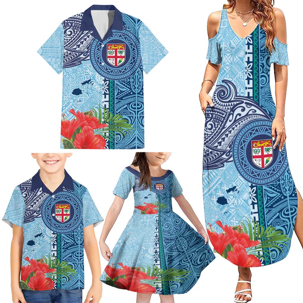 Fiji Day Family Matching Summer Maxi Dress and Hawaiian Shirt Tapa Pattern and Hibiscus Flower