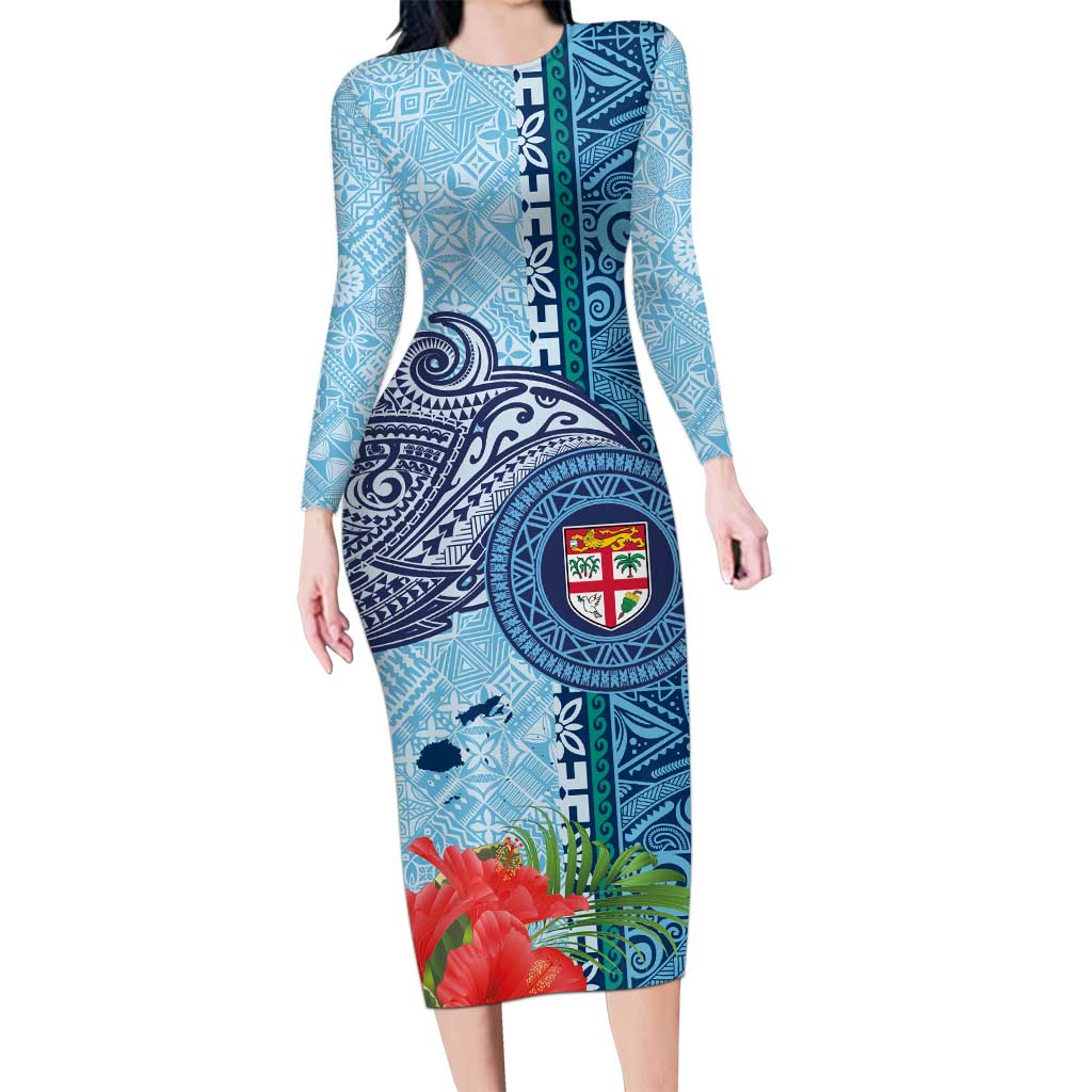 Fiji Day Long Sleeve Bodycon Dress Tapa Pattern and Hibiscus Flower