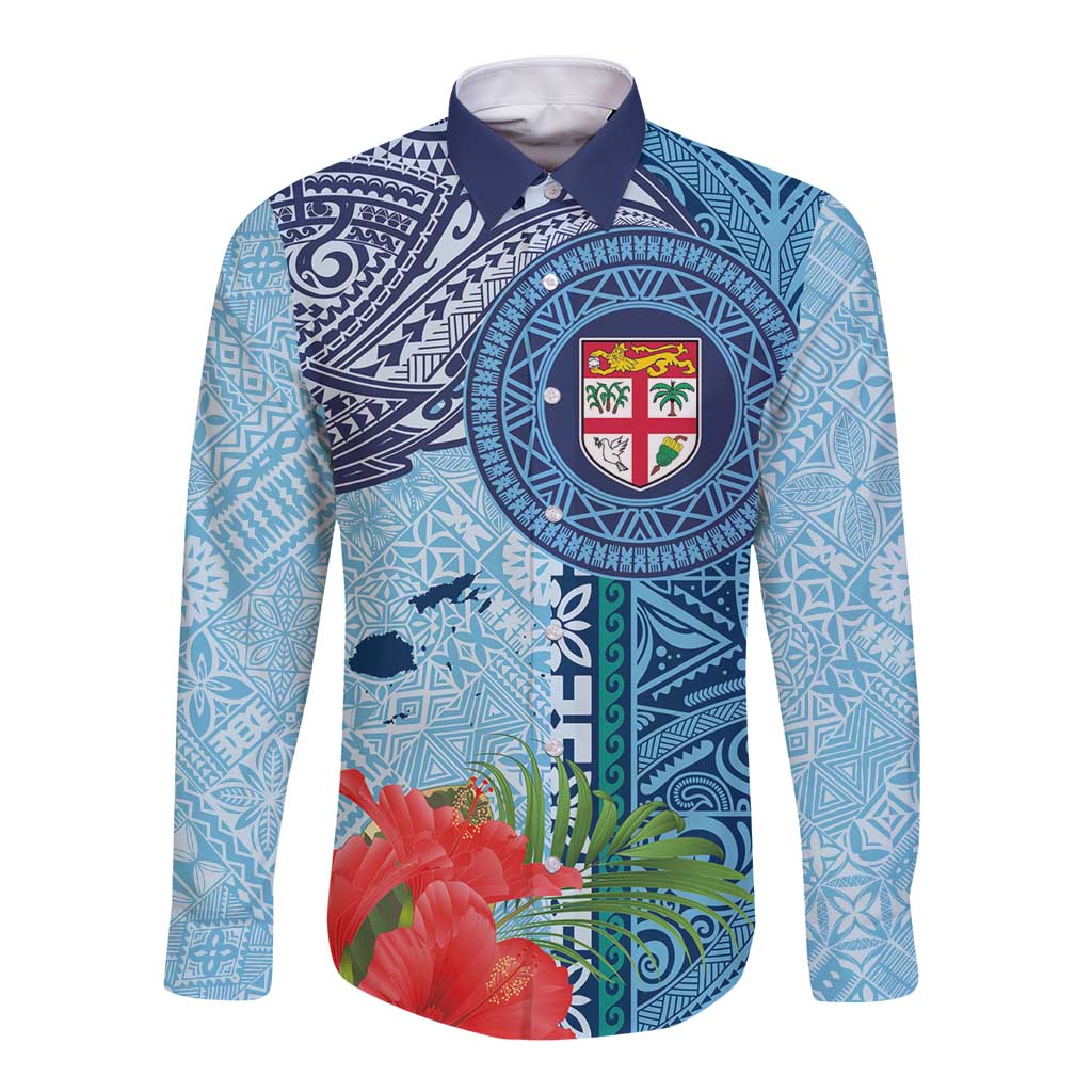 Fiji Day Long Sleeve Button Shirt Tapa Pattern and Hibiscus Flower