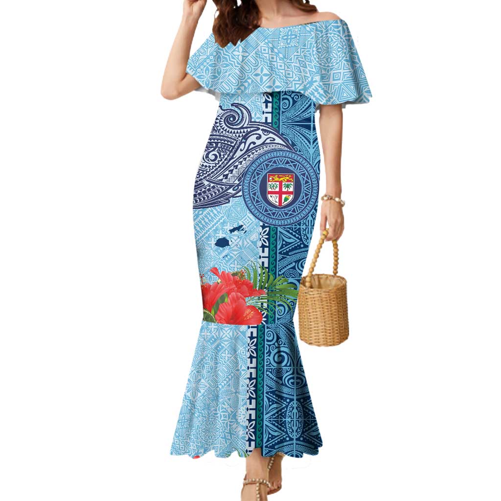 Fiji Day Mermaid Dress Tapa Pattern and Hibiscus Flower