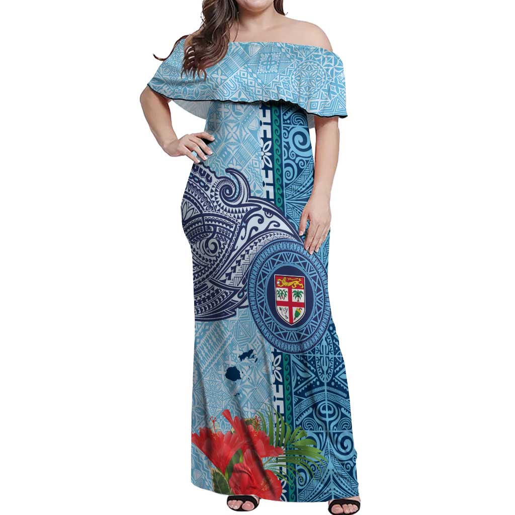 Fiji Day Off Shoulder Maxi Dress Tapa Pattern and Hibiscus Flower