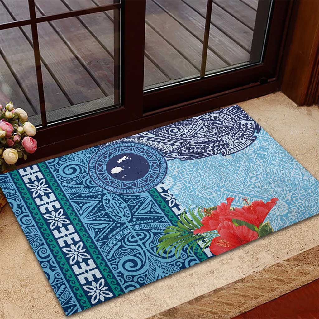 Fiji Day Rubber Doormat Tapa Pattern and Hibiscus Flower