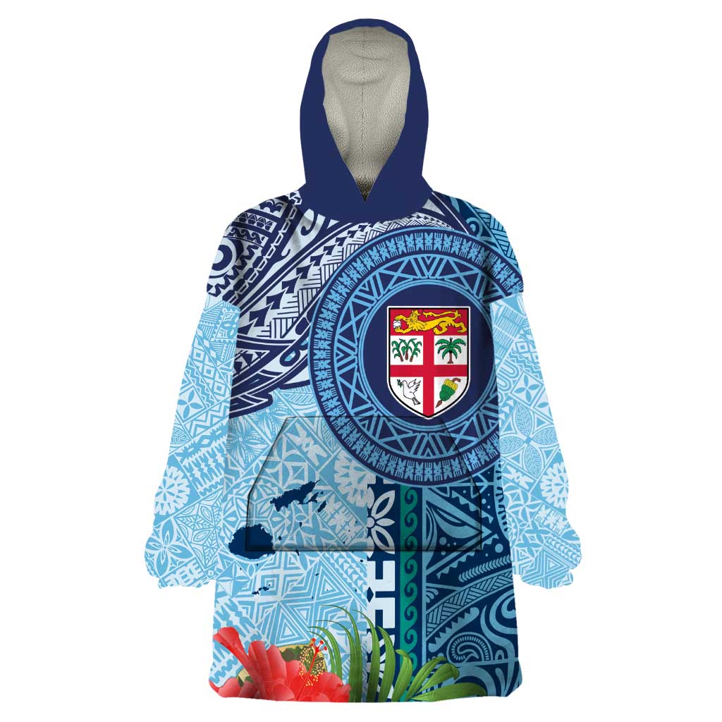 Fiji Day Wearable Blanket Hoodie Tapa Pattern and Hibiscus Flower