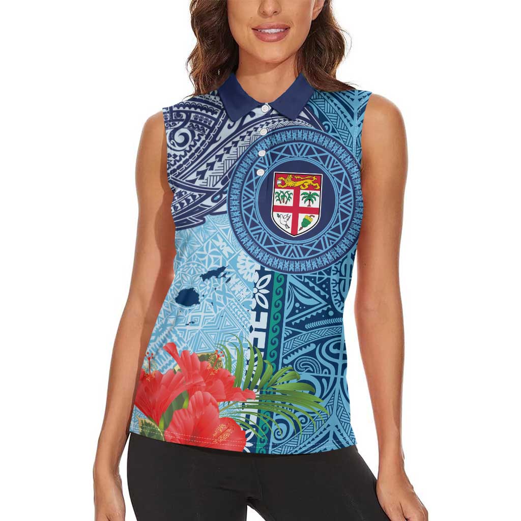 Fiji Day Women Sleeveless Polo Shirt Tapa Pattern and Hibiscus Flower