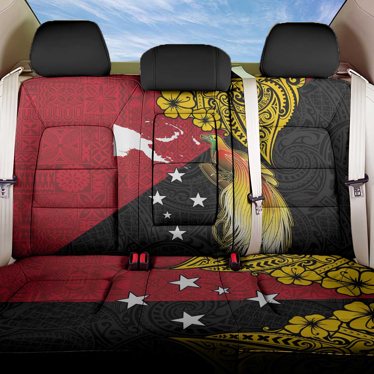 Papua New Guinea Independence Day Back Car Seat Cover Bird-of-Paradise with Map and Polynesian Pattern
