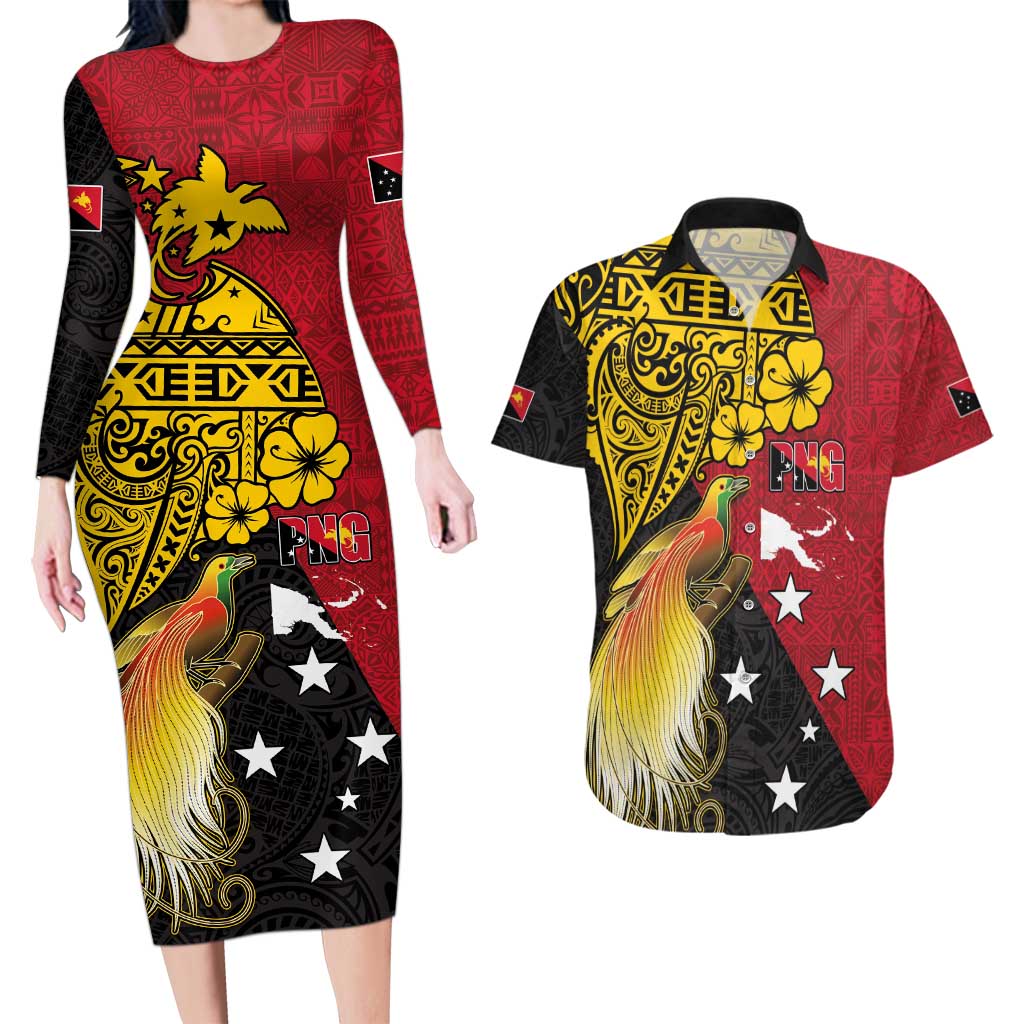 Papua New Guinea Independence Day Couples Matching Long Sleeve Bodycon Dress and Hawaiian Shirt Bird-of-Paradise with Map and Polynesian Pattern