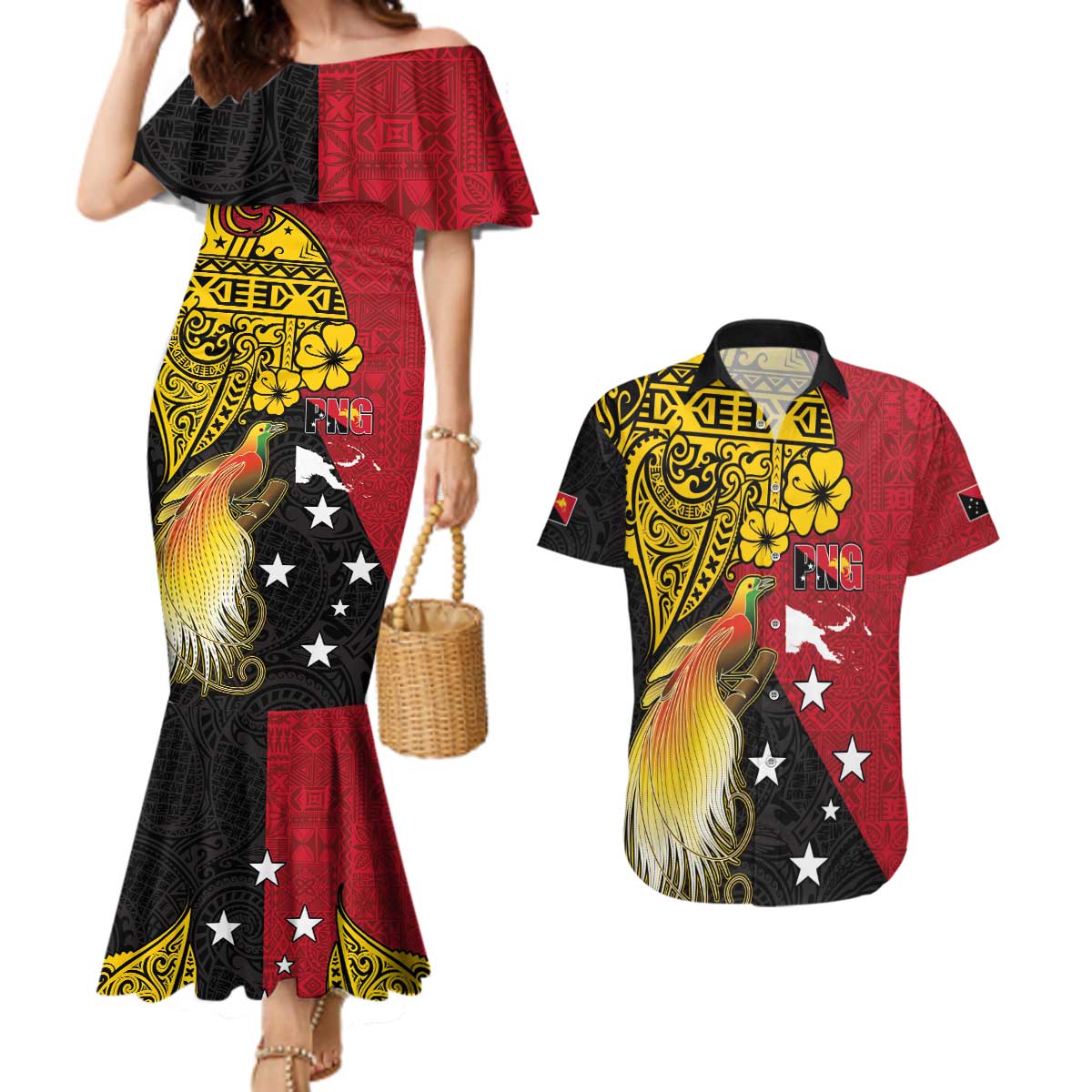 Papua New Guinea Independence Day Couples Matching Mermaid Dress and Hawaiian Shirt Bird-of-Paradise with Map and Polynesian Pattern