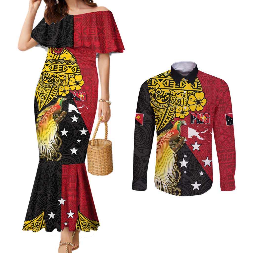 Papua New Guinea Independence Day Couples Matching Mermaid Dress and Long Sleeve Button Shirt Bird-of-Paradise with Map and Polynesian Pattern