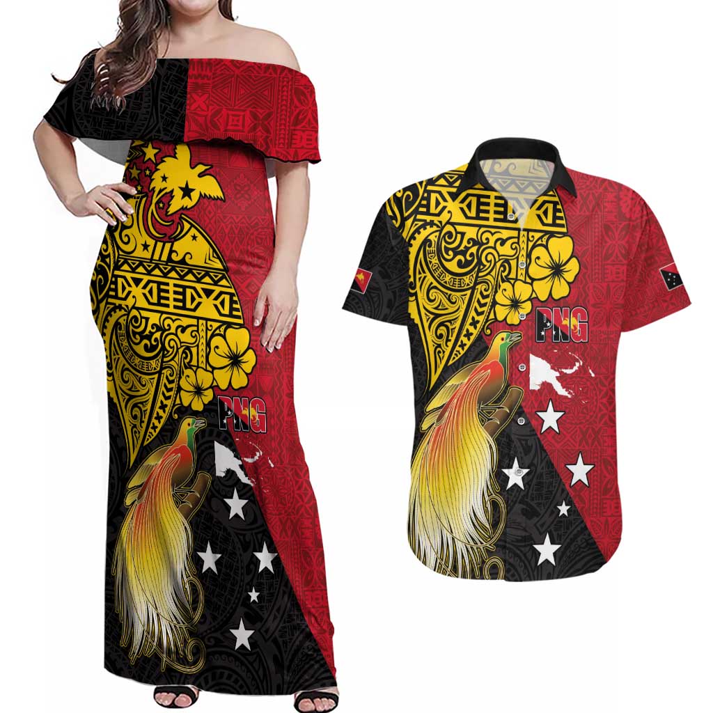 Papua New Guinea Independence Day Couples Matching Off Shoulder Maxi Dress and Hawaiian Shirt Bird-of-Paradise with Map and Polynesian Pattern