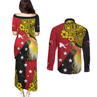 Papua New Guinea Independence Day Couples Matching Puletasi and Long Sleeve Button Shirt Bird-of-Paradise with Map and Polynesian Pattern LT03 - Polynesian Pride