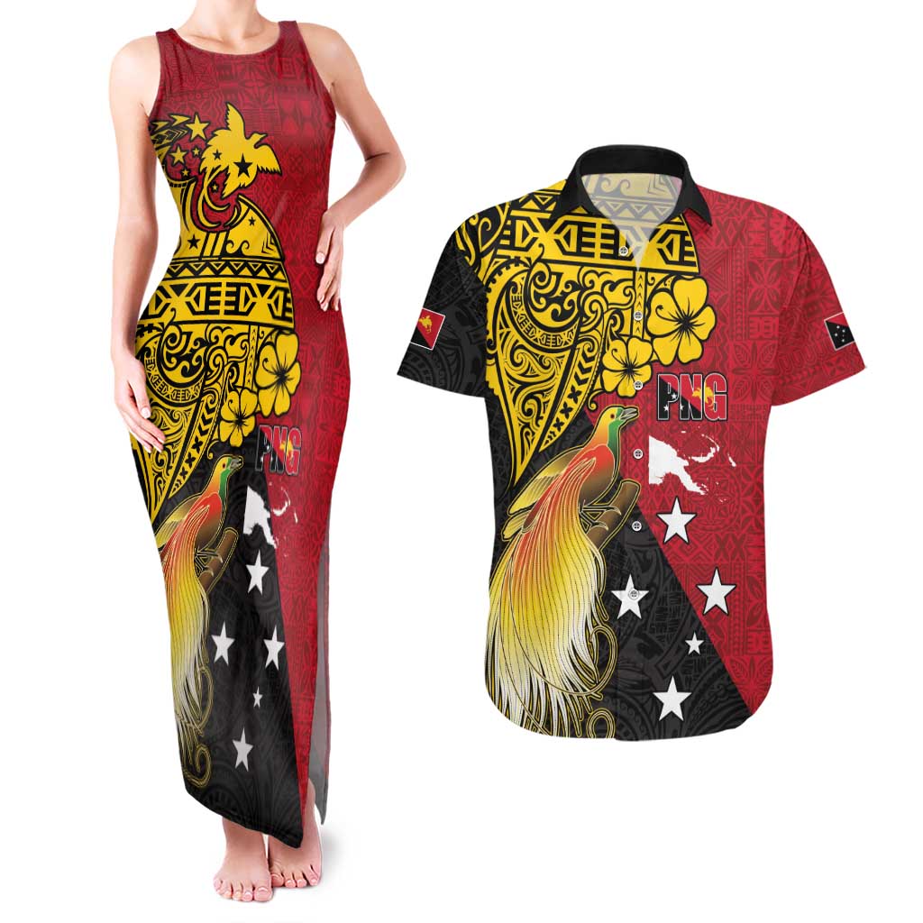 Papua New Guinea Independence Day Couples Matching Tank Maxi Dress and Hawaiian Shirt Bird-of-Paradise with Map and Polynesian Pattern