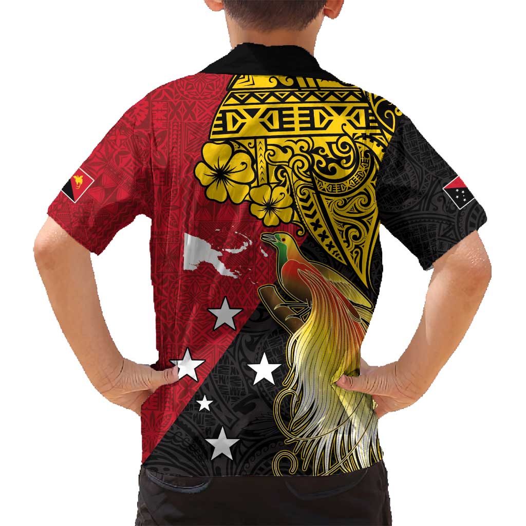 Papua New Guinea Independence Day Family Matching Long Sleeve Bodycon Dress and Hawaiian Shirt Bird-of-Paradise with Map and Polynesian Pattern